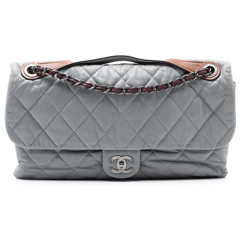 PRE LOVED CHANEL Gray Jumbo Iridescent Calfskin In The Mix Flap Brown Grey